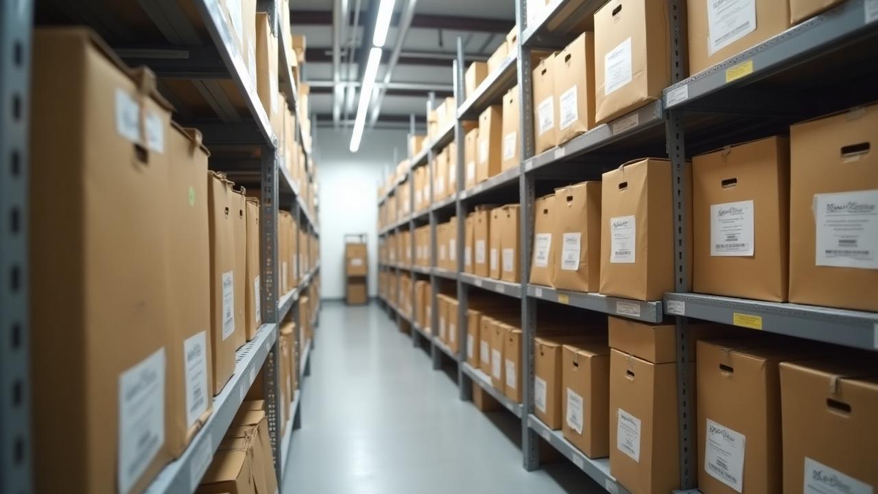 Tvirtai sudėtos archyvinės dėžės švariose, gerai apšviestose lentynose