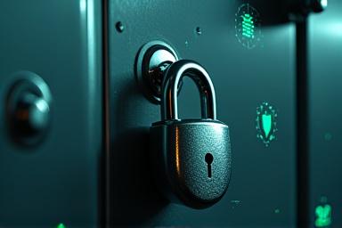 Užrakinta durų spyna su saugumo piktogramomis, simbolizuojanti duomenų apsaugą