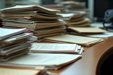 Nuotrauka, vaizduojanti perkrautą biuro stalą su krūvomis dokumentų