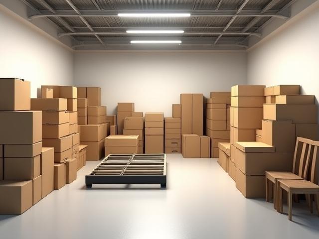 Didelio dydžio Vėžlys Rūsys sandėliukas, pripildytas dviejų kambarių buto baldų ir buities daiktų.