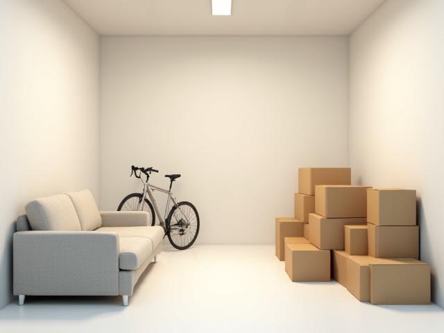 Vidutinio dydžio Vėžlys Rūsys sandėliukas su sofa, dviračiu ir keliais spintelių komplektais.