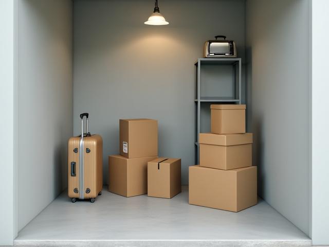 Mažas Vėžlys Rūsys sandėliukas su keliomis tvarkingai sudėtomis dėžėmis ir keliais lagaminais.