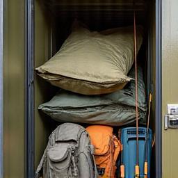 Laisvalaikio reikmenys: žvejybos įranga, kempingo reikmenys, lauko baldai, tvarkingai saugomi.